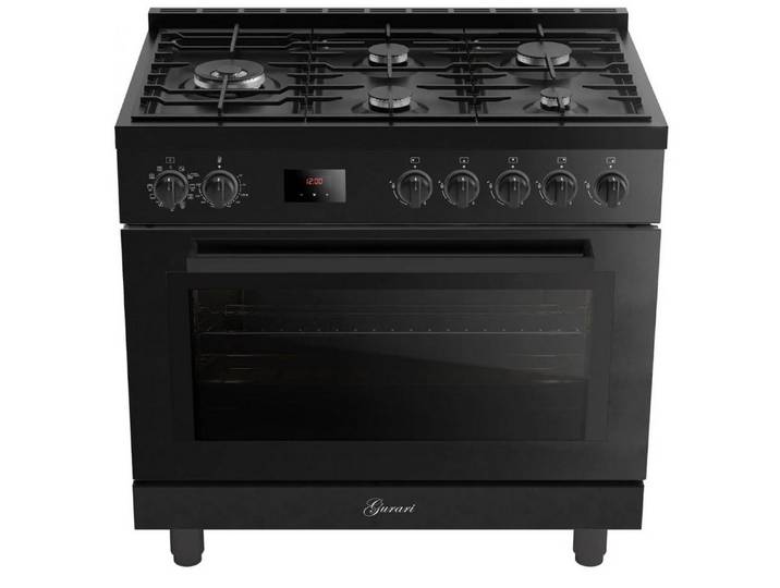 GURARI Gas-Standherd Gas Elektro Standherd 90 cm 126 L Erdgas Fl.Gas 4 Kw WOK Schwarz GCH E 818 BL., mit 1-fach-Teleskopauszug, Gas Elektro Standherd 90 cm, XXL Backofen, 126 L, AirFry, Drehspieß