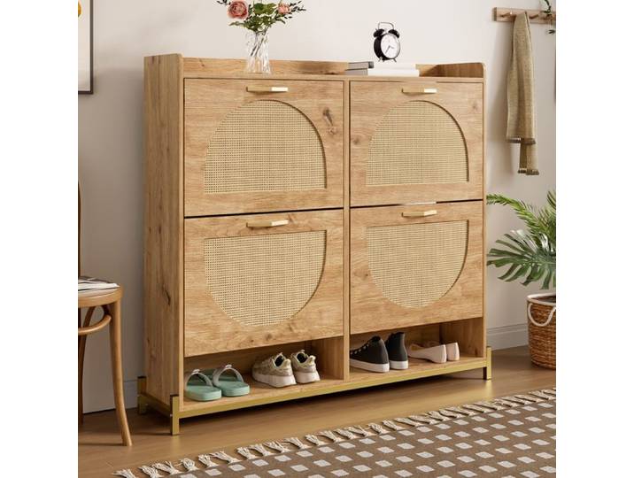 Meuble à chaussures élégant en bois avec portes en rotin - 4 portes cadre métal et étagère haute - Rangement organisé pour entrée