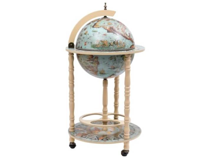 WXGTBKPR Globus-Bar, Weinregal aus Eukalyptusholz, Blau/Weiß, 36 cm Kugel Mit Rollen, Flaschenhalter für Gläser, Stilvolles Design, Vintage-Weltkarte