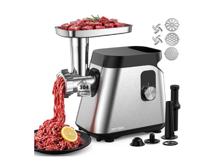 Airmsen Fleischwolf 3000W Max Elektrischer Fleischwolf,2 Geschwindigkeit,Edelstahlgehäuse, 3000 W, mit Wurstfüller, Kubbe-Kit,Spülmaschinensicherheit,3-Lochscheiben-Set