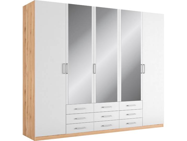 Kleiderschrank, 230x193 cm, Holzwerkstoff, Astkernbuche/Weiß, 5-Türig & LED-Option, Modern, Priess