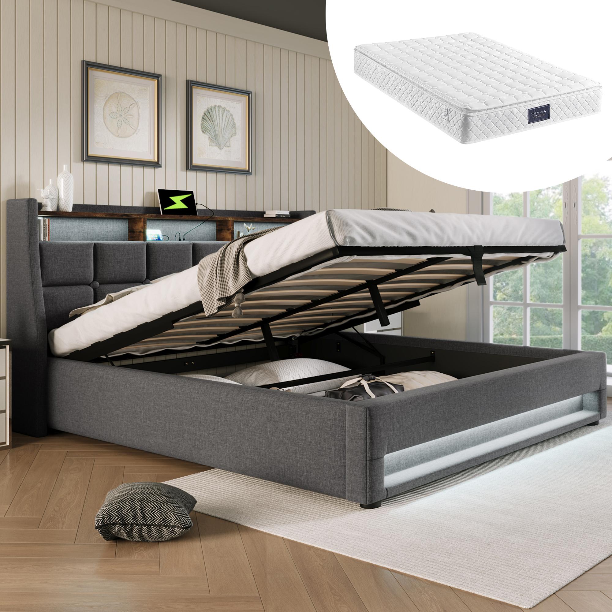 Polsterbett mit USB 140x200cm,LED Doppelbett mit Lattenrost aus Metallrahmen,Bettgestell aus Leinenmaterial Jugendbett (Mit Matratze)