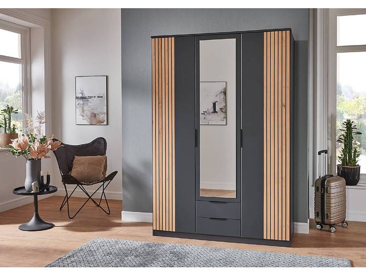 Drehtürenschrank 135cm Grau/Graphit mit Spiegeltür/-en