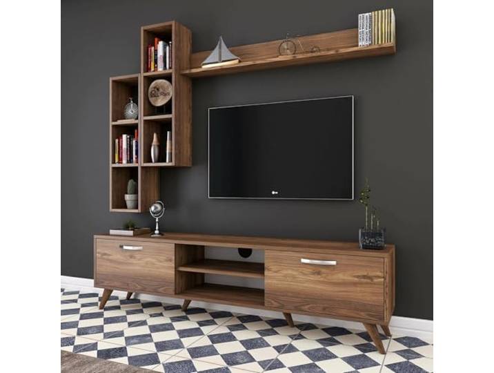 Dmora Wohnwand Lokis, 180x35x48,6 cm, Braun: 9 Regale, 2 Türen