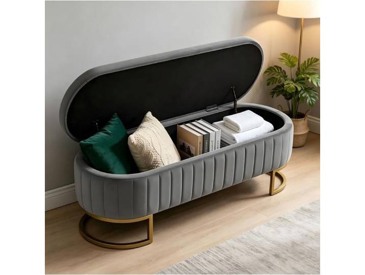 VUENOR Banc coffre 130 cm gris clair – velours pieds métal dorés
