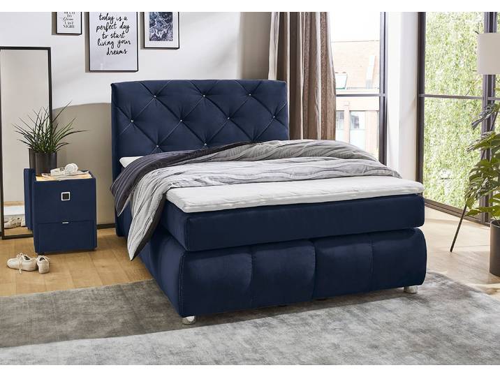 Boxspringbett, Mikrofaser, Blau, 150×226 cm, Kaltschaum-Topper, Jockenhöfer