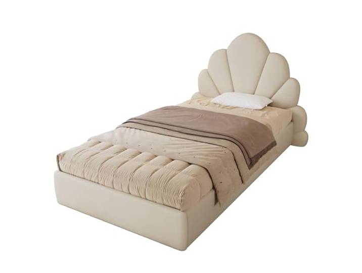 I0I&I0I Einzelbett Polsterbett Samt Beige, Kinderbett Jugendbett mit Kopfteil Blütenblätter, Stabiler Lattenrost, Metallrahmen, Modern Stilvoll rutschfest Einfacher Aufbau (90x200cm)