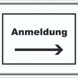 HB-Druck Anmeldung Schild mit Text und Richtungspfeil rechts Aufnahme waagerecht A2 (420x594mm)