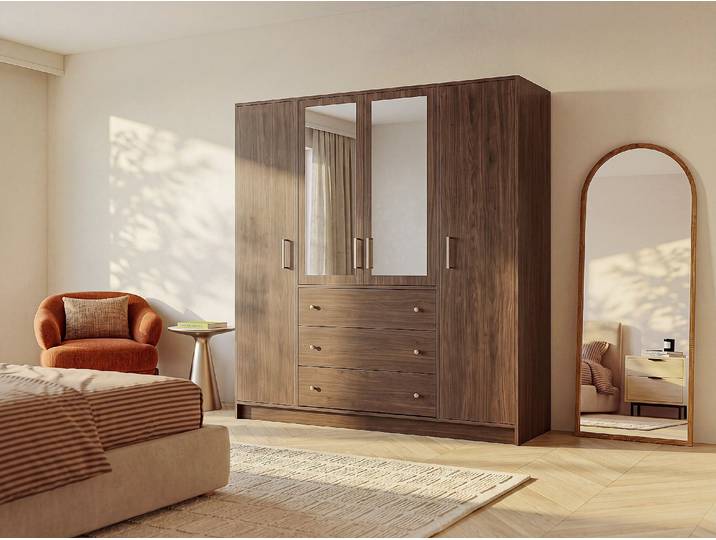 Kleiderschrank mit 4 Türen & 3 Schubladen - Mit Spiegeln - 196 cm - Naturfarben dunkel & Goldfarben - LIZANDRO