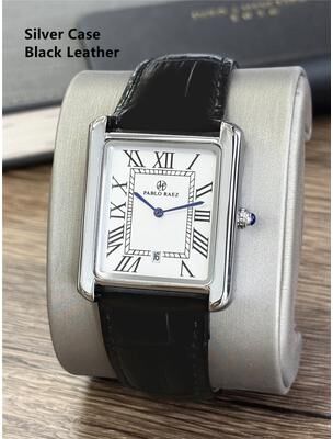 Fashion Sheath Retro Classic Mens Leather Watch Waterproof Business Casual Quartz Timepiece With Calendar & Gift Box black Silver
