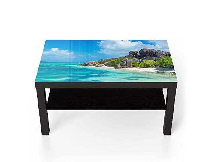 DEQORI Glastisch schwarz groß 90x50 cm Motiv Felsformation am Strand ausgefallener Beistelltisch aus Glas Hochglanz Couchtisch fürs Wohnzimmer moderner Couch Tisch mit Design