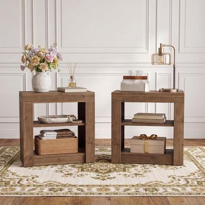 Bluebell "24"" Solid Wood End Table, Farmhouse Nightstand with Shelves - 23.62"" H x 23.62"" W x 11.81"" D"