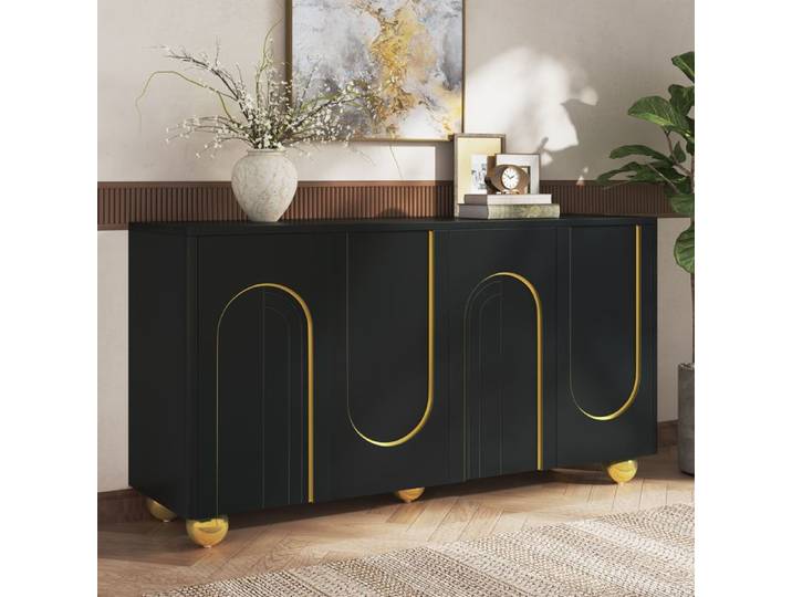 Buffet 4 portes buffet de salon buffet bas 140x40x74cm meuble de rangement pieds sphériques en métal pour couloir salon noir