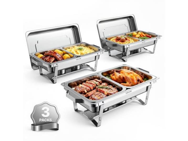 VEVOR Chauffe Plat 3PCs 8\,5 L Buffet Chauffant Inox 6 Bacs Interchangeables Pour Buffet Libre Service Hôtel Mariage Restauration Traiteur CHR\, Réchaud Rectangulaire\, Chafing Dish avec Kit Complet