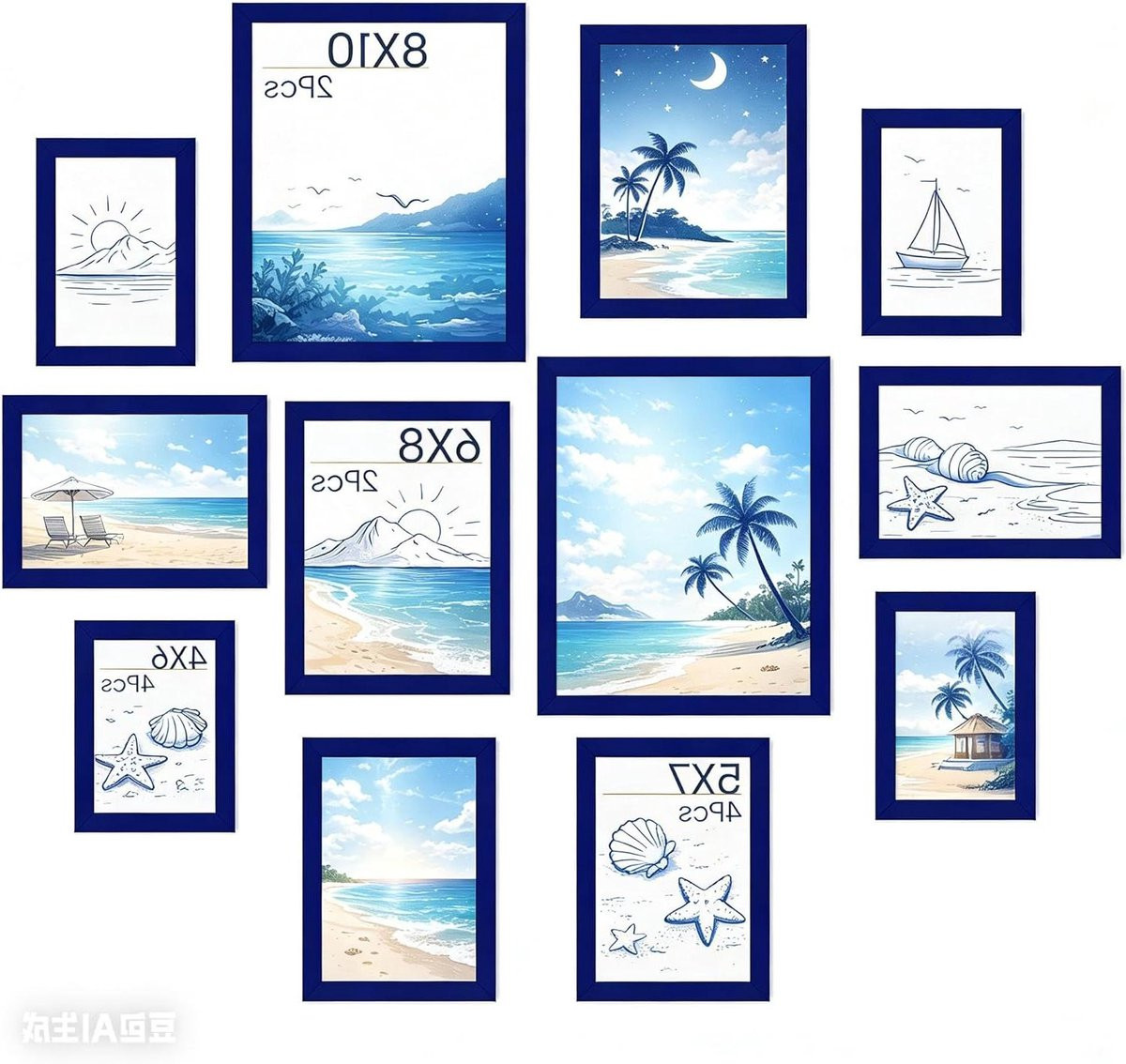 Set van 12 marineblauwe fotolijsten voor muurdecoratie in verschillende maten