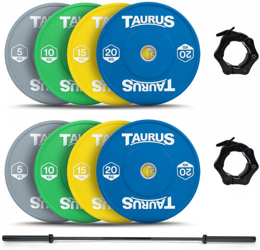 Taurus 100 kg Colour Bumper Olympic Weight Set with 20 kg Black Barbell