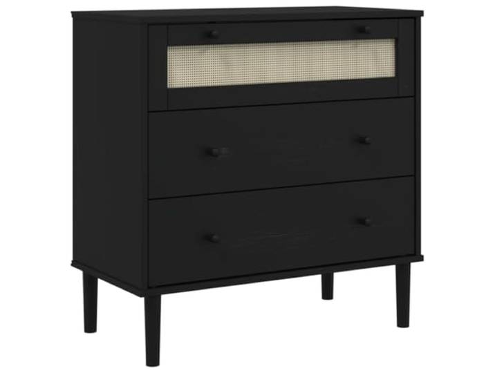 Kommode SENJA aus massivem Kiefernholz, Schwarz, 80x40x80cm, Polyrattan 3 Schubladen, Polyrattan Front, UV-Lack, Boho-Stil, robuste Tischplatte, Wandbefestigung