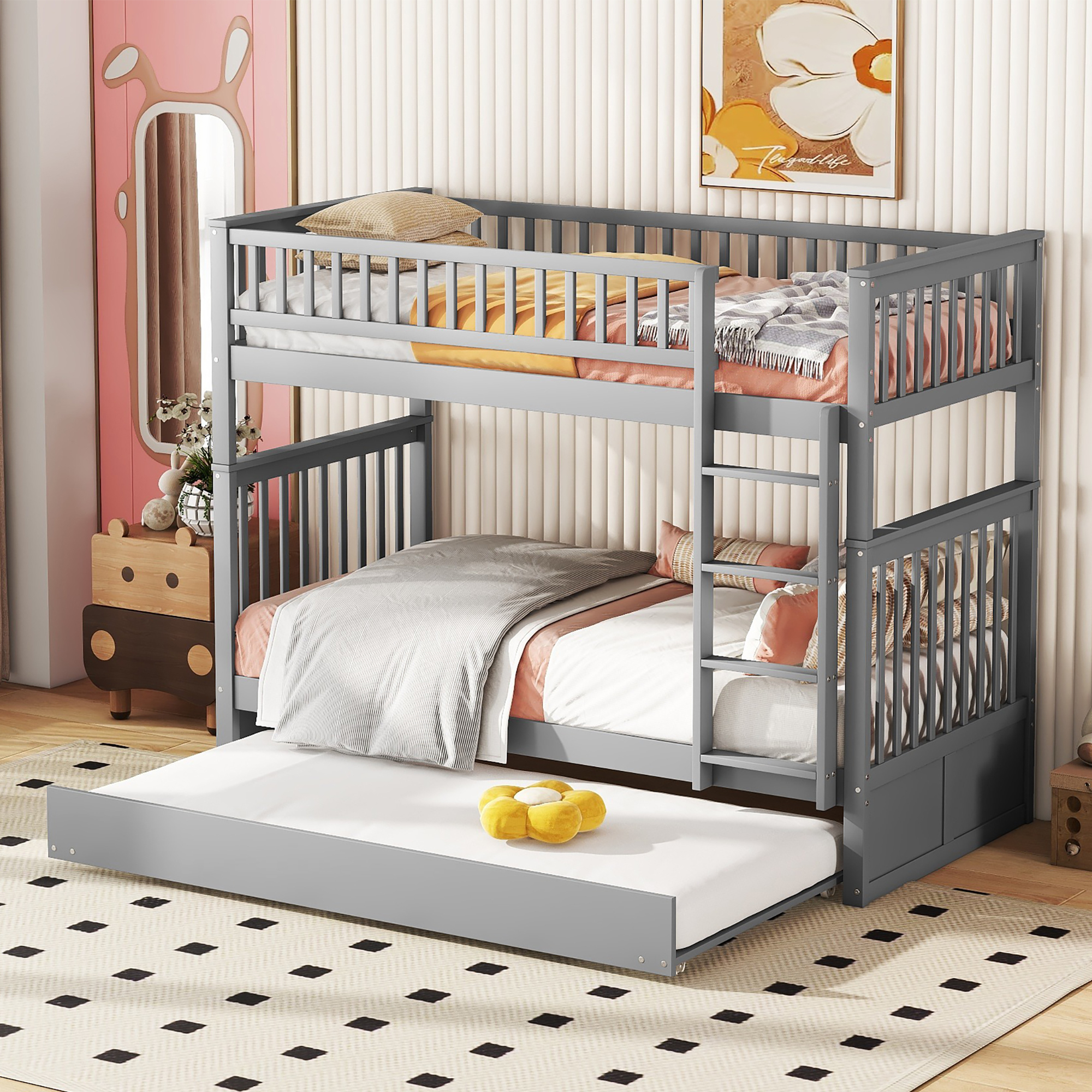 MODFU Etagenbett 90 x 200cm mit Ausziehbett 90 x 190cm, Hohe Geländer Stabile Treppe, Grau(ohne Matratze)