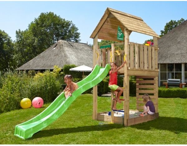 Jungle Gym Cabin 2.1 Legetårn M/grøn Rutsjebane