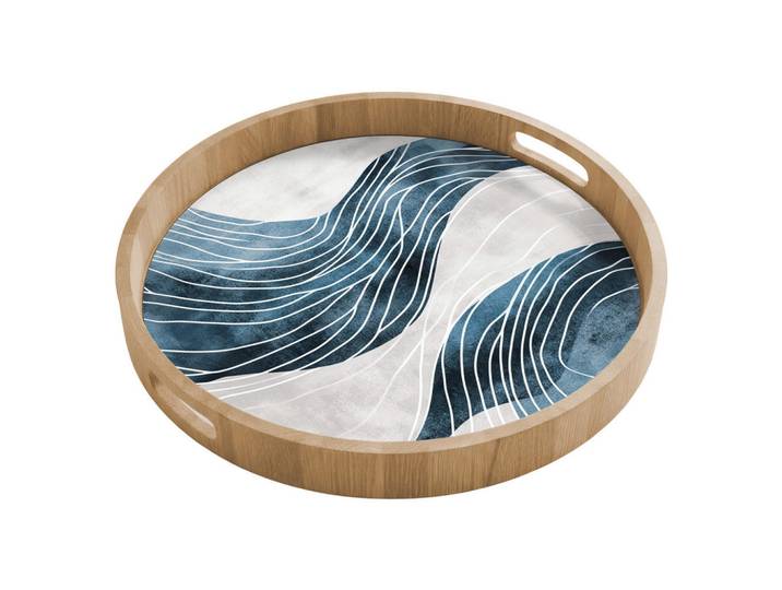 OnlyWow Tablett - Linien - Wellen - Abstrakt - Grau - 50x50 cm, Blau, Holz, Echtholz,Eiche, Rund, 50x5x5 cm, Geschirr, Tischkultur & Serviergeschirr, Tabletts