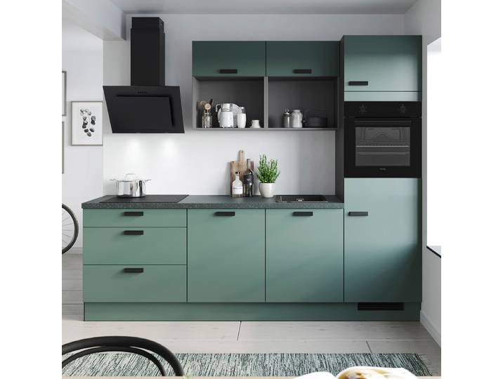 Küchenzeile Piol 260 cm 260 x 221 x 60cm Ausrichtung rechts Grau/Dunkelgrün mit Elektrogeräten