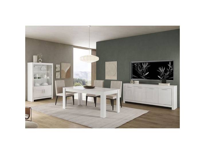 DENAE - Ensemble Séjour Complet Laqué Blanc Brillant Table 190cm + Buffet + Vitrine Leds