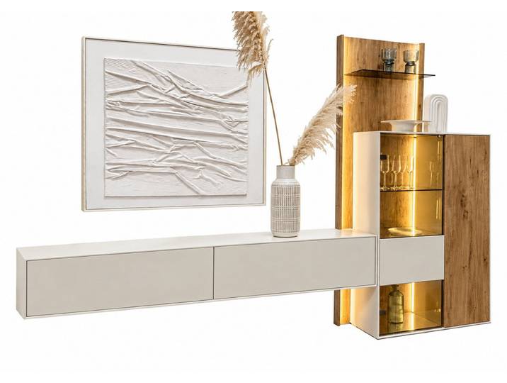 Wohnwand 'Milano' Wildeiche massiv & MDF creme inkl.Beleuchtung