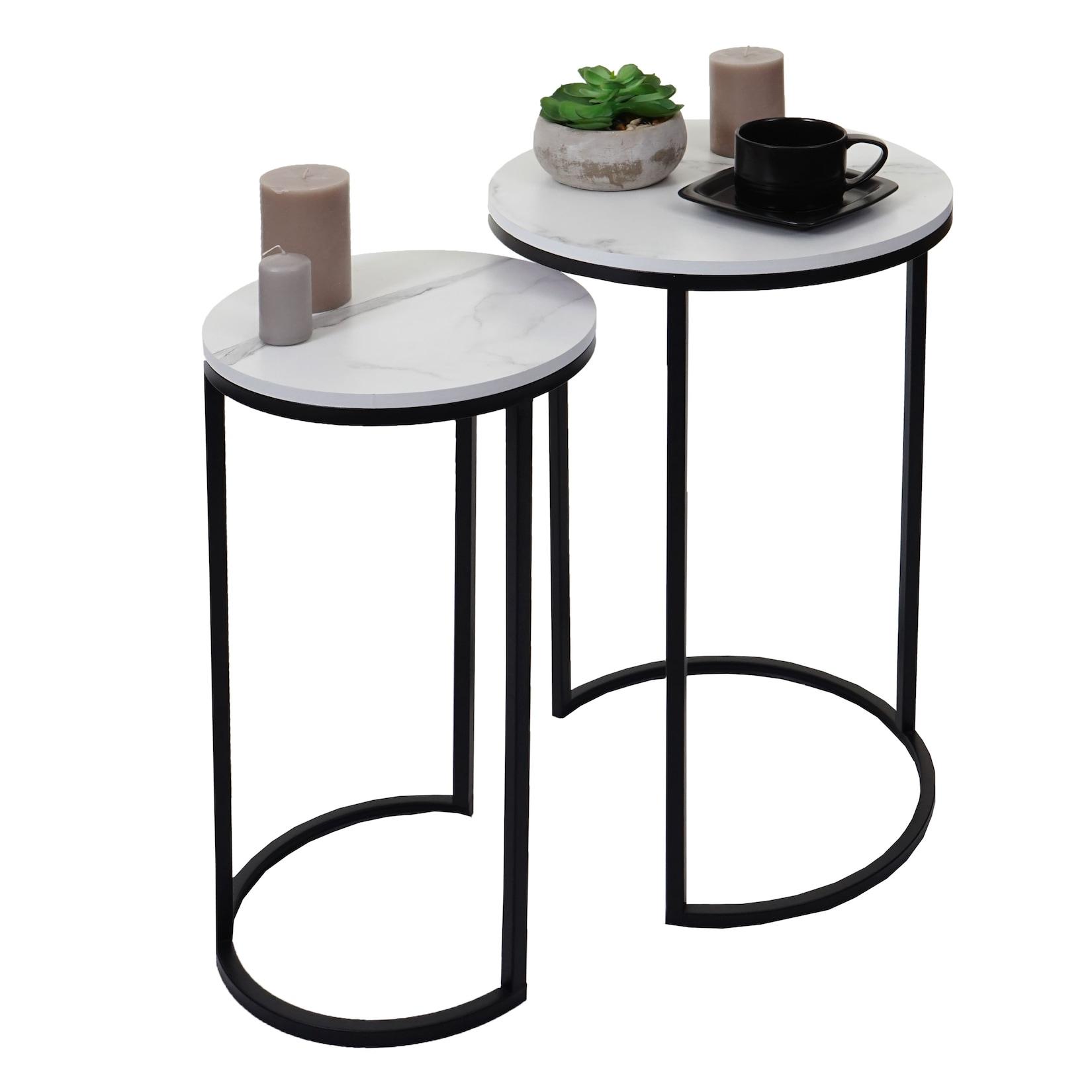 2er-Set Beistelltisch MCW-K46, Kaffeetisch Nachttisch Loungetisch, Marmor-Optik MDF ~ weiß-schwarz