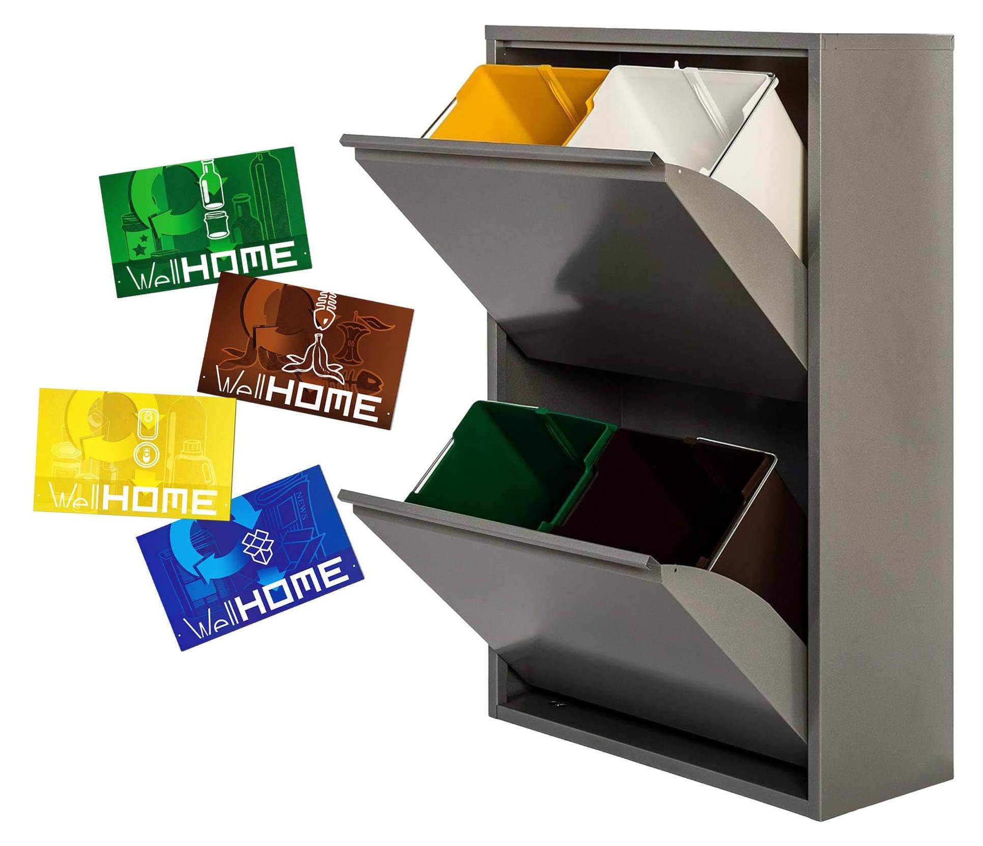 Metall-Recycling-Eimer, 4 Fächer, 4x17 l, glänzend grau