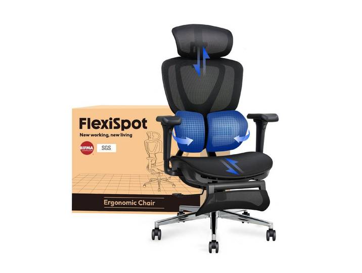 FLEXISPOT Drehstuhl Ergonomischer Bürostuhl, Arbeitsstuhl mit Dual-Wing Lendenstütze (3D-Kopfstütze & 3D-Armlehnen & Verstellbarer Sitztiefe), 3-Stufen Neigung & höhenverstellbare Rückenlehne, MIT Fußstütze