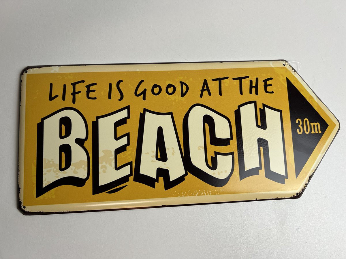 Metalen wandbord Life is good at the beach met typografie