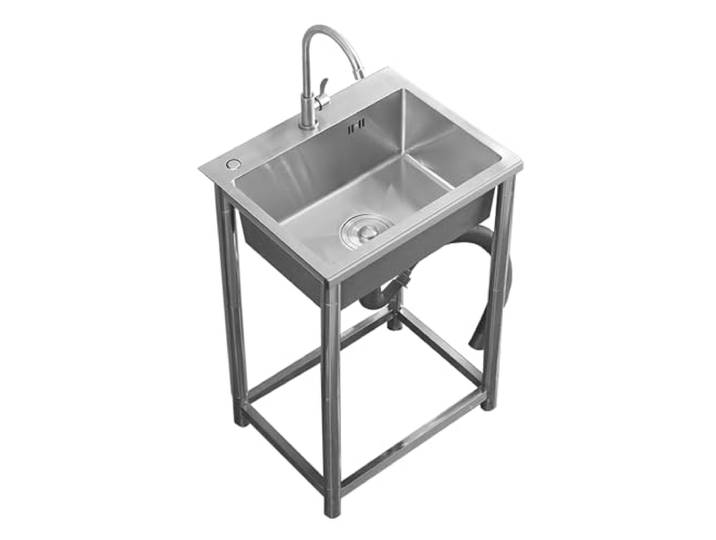 ZQFHSX Freistehendes Edelstahl-Spülbecken mit Armatur, Gewerbe-Einzelbecken, für Außenbereich, Garten, Camping, Restaurant, Küche, leicht zu reinigen (55 x 45 cm)