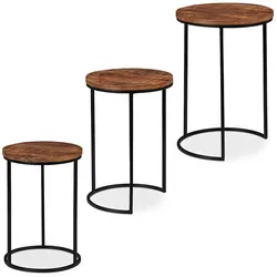 Relaxdays Satztisch 3er Set, runde Beistelltische, Mangoholz, Industrie Design, schwarzes Metallgestell, 3 Größen, natur