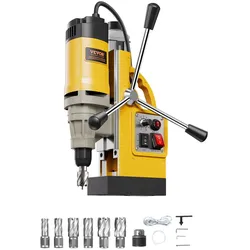 VEVOR Magnetbohrmaschine Kernbohrmaschine 1400 W  φ50 mm, 12800 N tragbare elektrische Magnetbohrmaschine mit 6 Kernbohrern, 650 U/min Bohrmaschine für Metalloberflächen Industrie Heimwerker Gelb