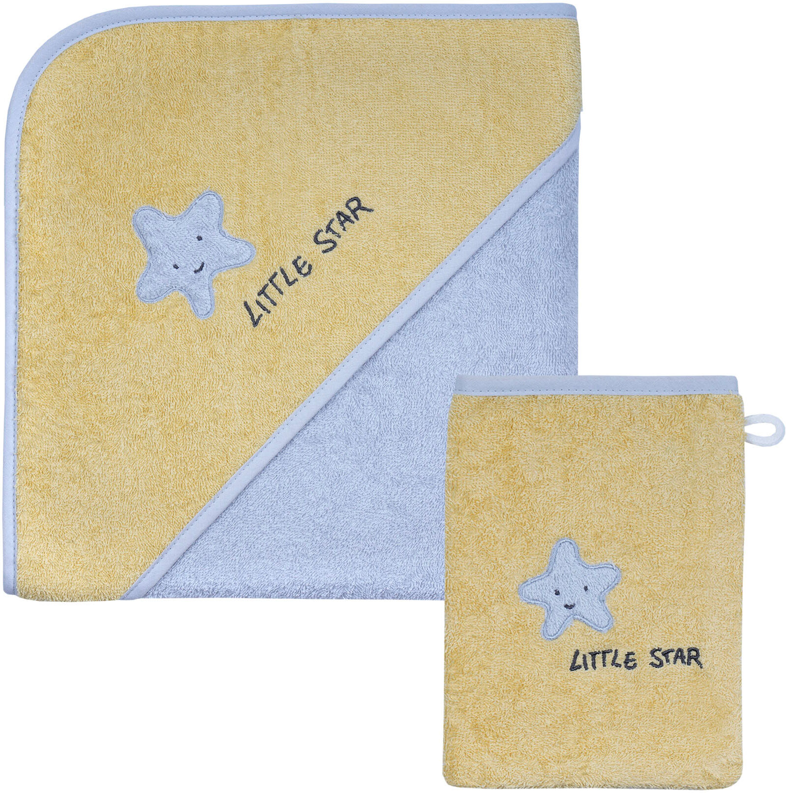 Handtuch Set WÖRNER "Little Star Kapuzenbadetuch 100/100 mit Waschhandschuh", gelb (gelb, chrom), 2 Stk., Stern, Frottier, Frottier, Obermaterial: 100% Baumwolle, Handtücher, Handtuch Set, mit Stickerei Stern mit Schriftzug gelb, chrom 2 Stk., Stern, Frot