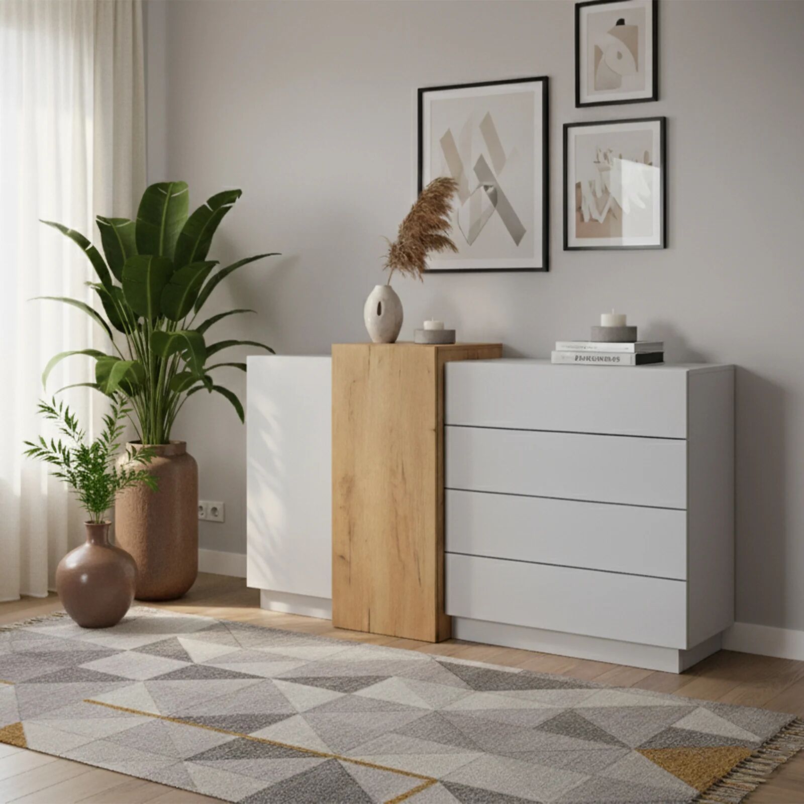 garneroarredamenti Credenza 160x94h cm 2 ante 4 cassetti moderna quercia bianco opaco James