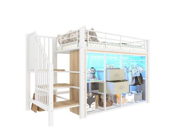Lit mezzanine Logidon 90x200 cm avec LED 2 tiroirs armoire blanc