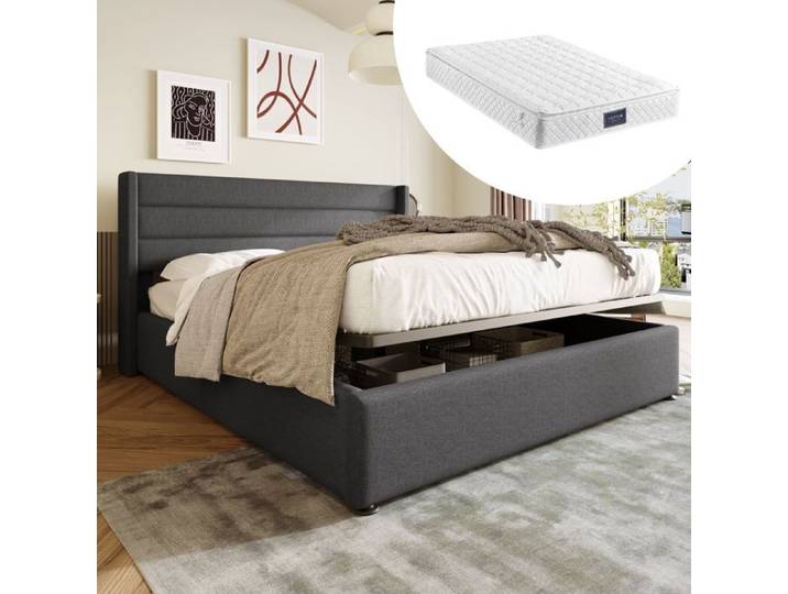 Lit coffre hydraulique capitonné 160x200 cm avec matelas