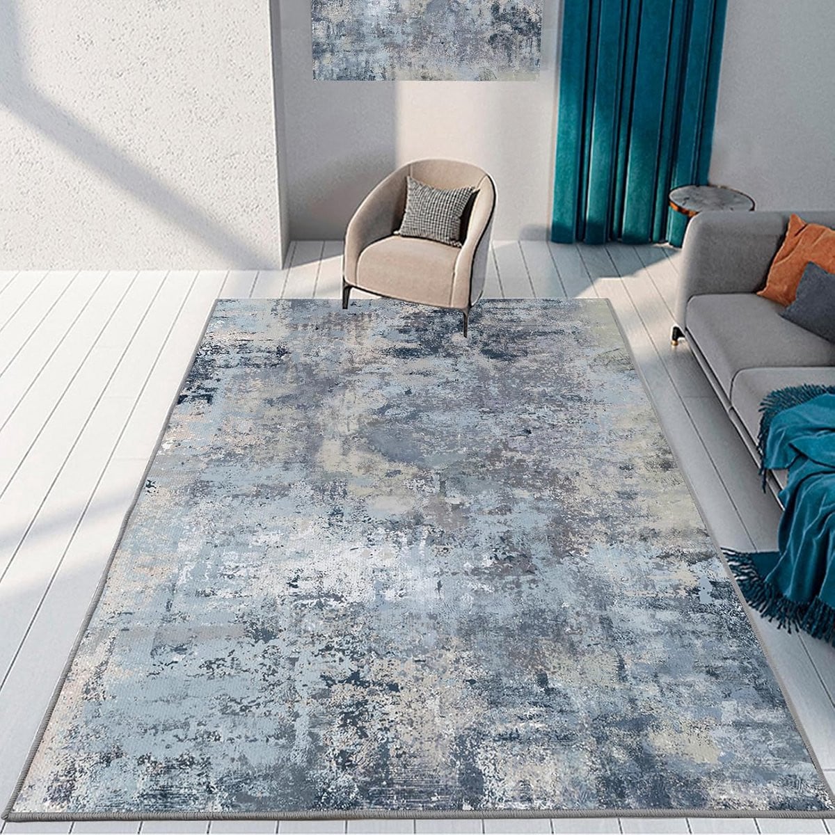 Wasbaar Abstract Vloerkleed met Antislip - Blauwgrijs - Polyester