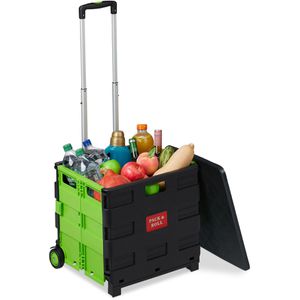 Relaxdays Einkaufstrolley mit Deckel, schwarz / grün, klappbar, 50 Liter, bis 35 kg