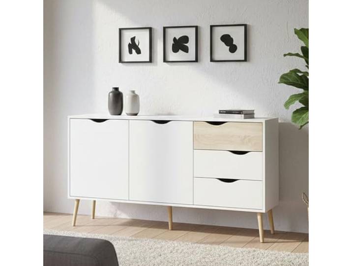 Dmora Sideboard mit zwei Türen und drei Schubladen, Weiß und Eiche, Maße 147 x 81 x 39 cm