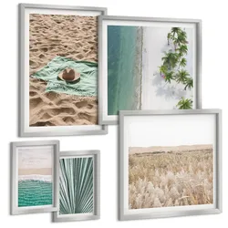 BILDER SET 5er Set - 50x50 cm & 20x30 cm & 40x60 cm Silberner Rahmen - Urlaubsblick Strand Meer