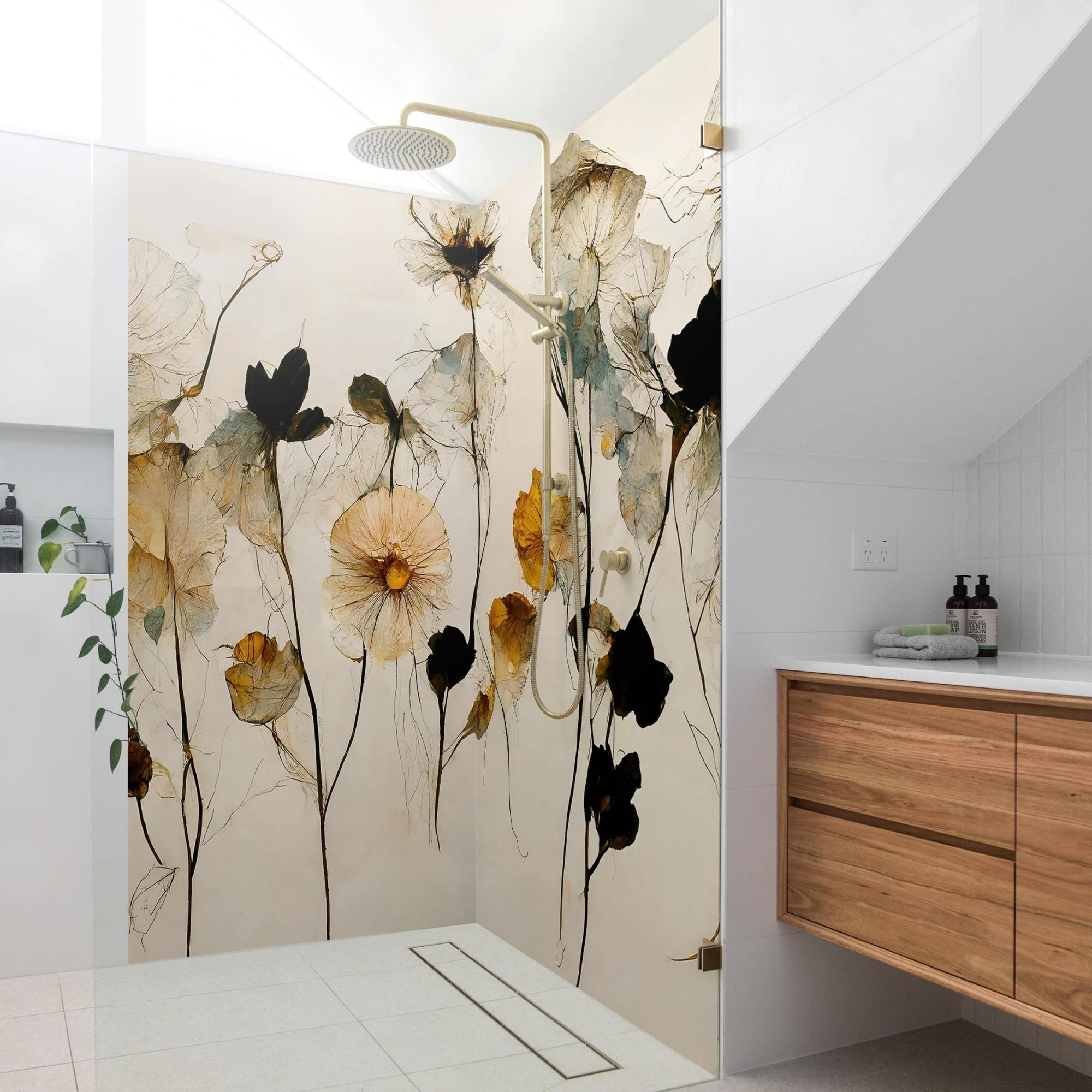 Duschrückwand Blumen selbstklebend - 0.61 mm Wandpaneel wasserfest Design beige Badrückwand fugenlos Premium matt 90x210 cm