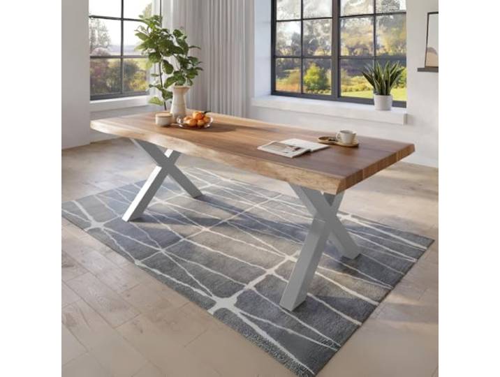 trelevo Esstisch 240x110 Baumkante Akazie natur X-Gestell silber