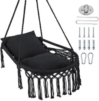 Costway Macrame Swing Chair Hammock Chair with 2 Removable Cushions-Black