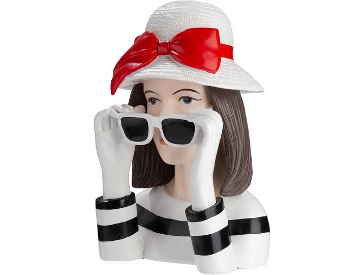 Skulptur GILDE Figur Frau Lady Sophie , weiss (weiß), B:18cm H:28cm T:13,5cm, Kunstharz, Dekofiguren, Skulptur, Gestreiftes Design mit Sonnenbrille, Skulptur