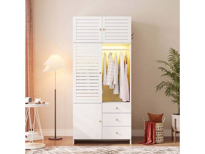 Armoire enfant avec tringle et 3 tiroirs armoire chambre 5 portes armoire penderie Éclairage LED Armoire haute 90x50x200cm Blanc