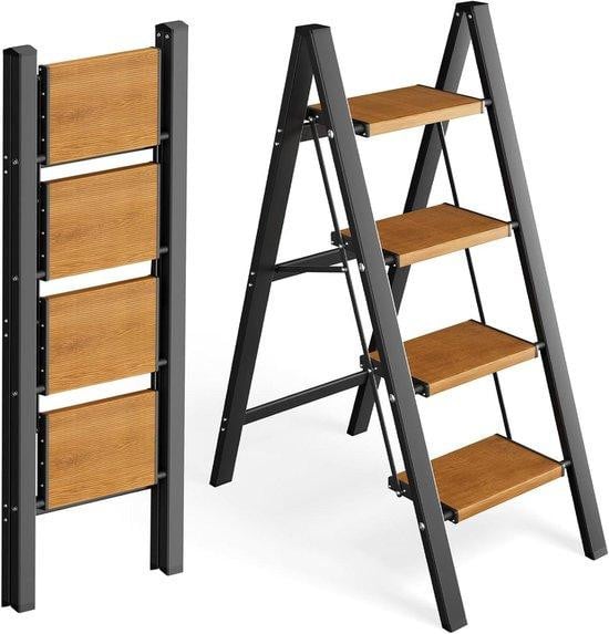 Inklapbare aluminium trapladder met 4 extra brede treden - Zwart