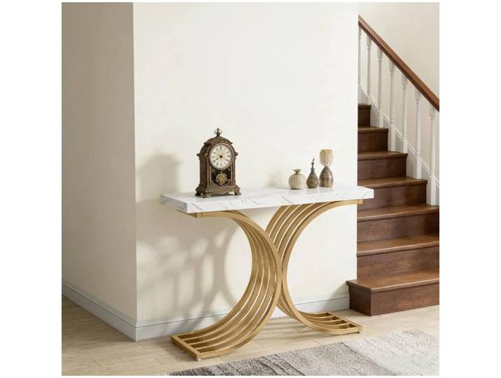 Console Table d'entrée Rectangulaire Aspect Marbre 100×30×80 cm - ELVMI - Métal doré Salon Entrée