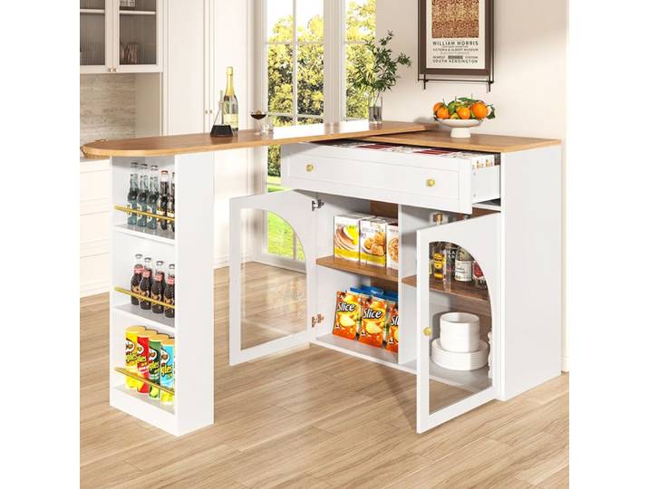 Buffet de cuisine table de bar extensible espace rangement pivotante 360° table de bar blanc